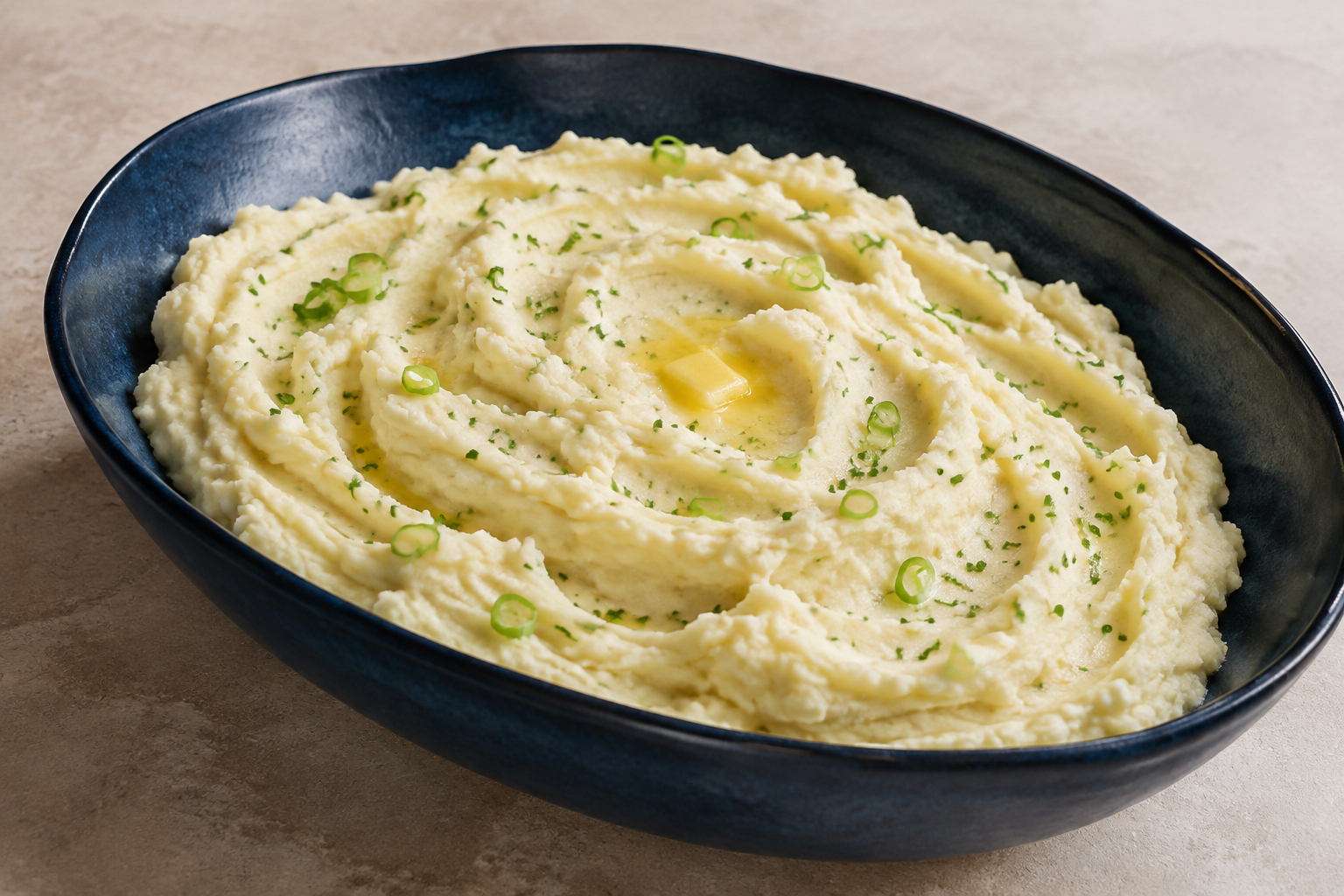 Creamy wasabi mash in a large blue bowl served with hot-smoked salmon