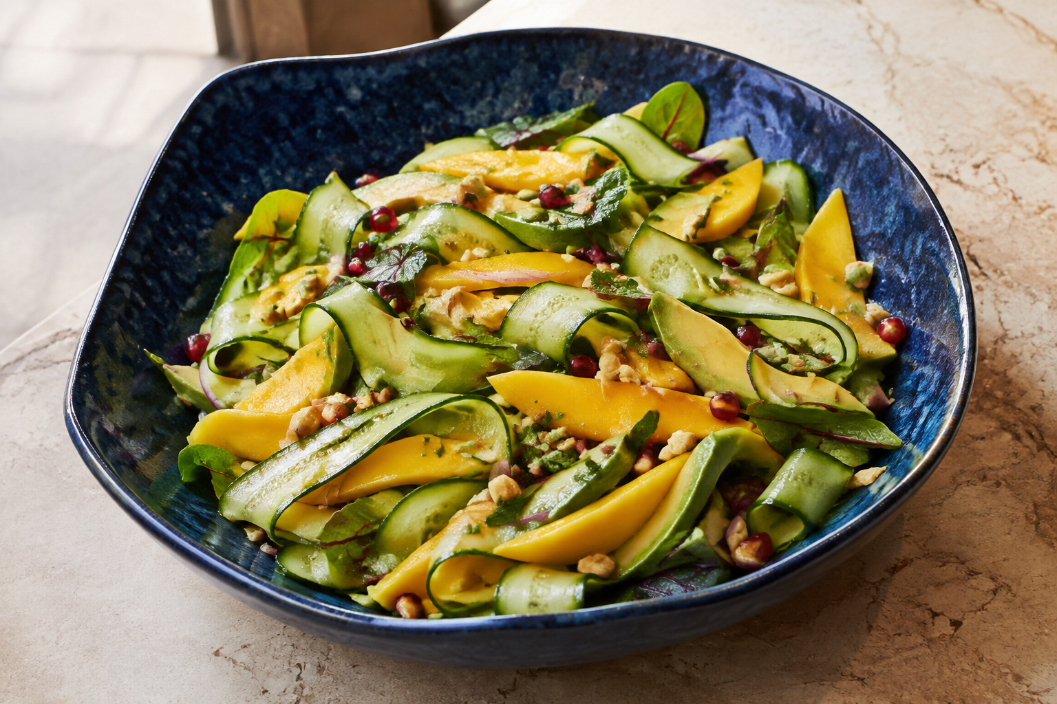 Cucumber, mango and avocado salad paired with cold-smoked salmon in Cape Town