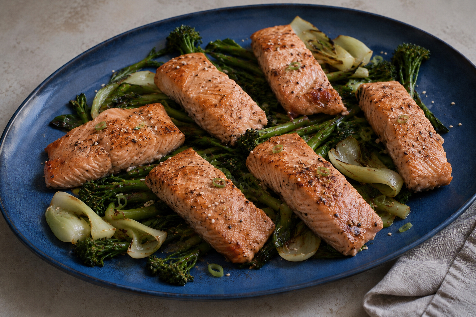 Six miso-glazed salmon portions served with sesame greens