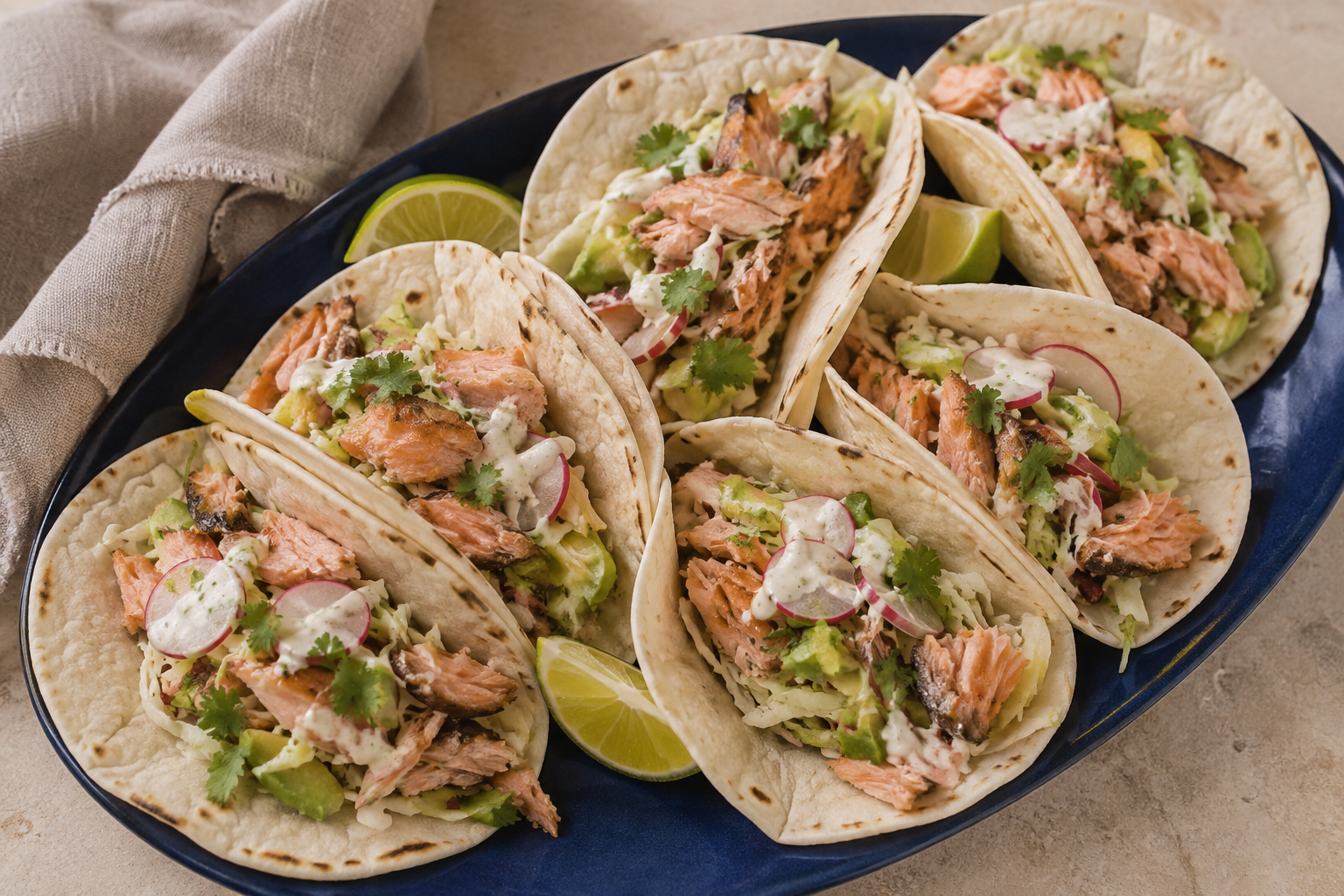 Crispy salmon tacos with avocado slaw and lime yoghurt sauce
