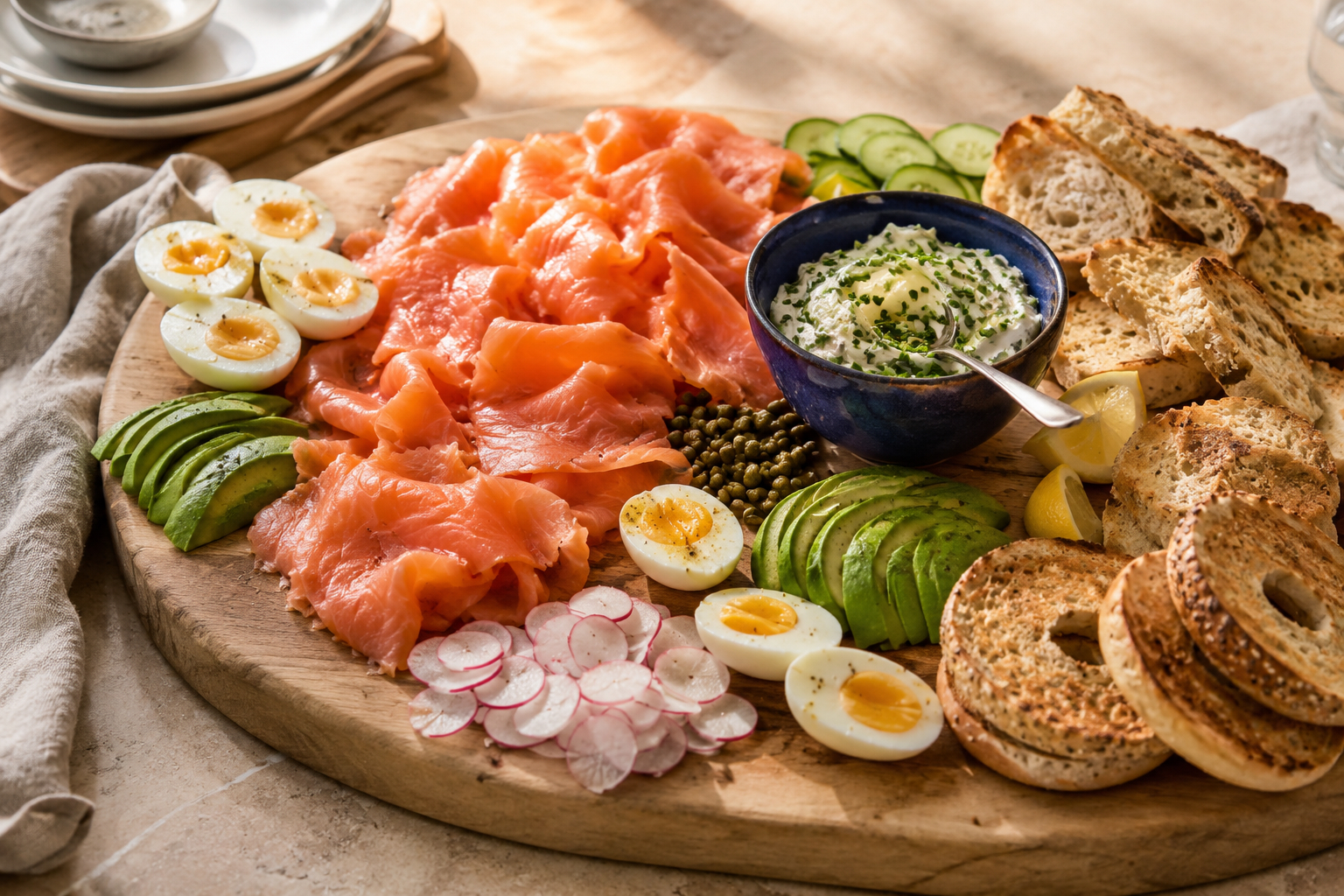 Cold-smoked salmon brunch board with bagels, eggs, avocado and cream cheese