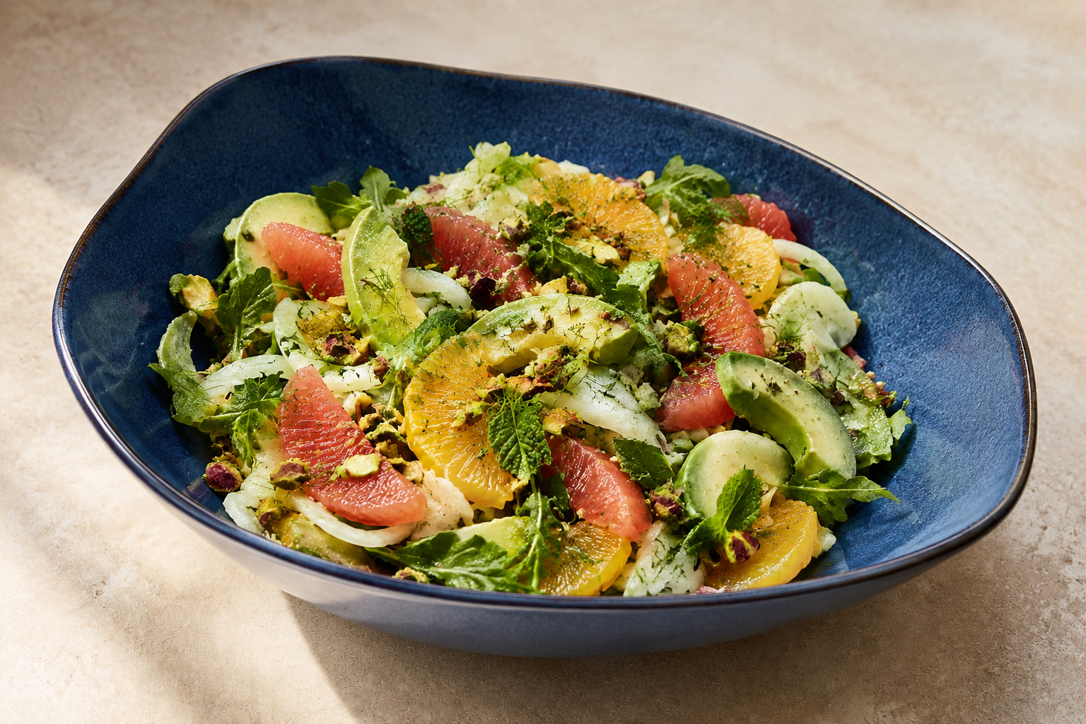 Citrus, fennel and avocado salad in a contemporary blue bowl, paired with Hot Smoked Salmon